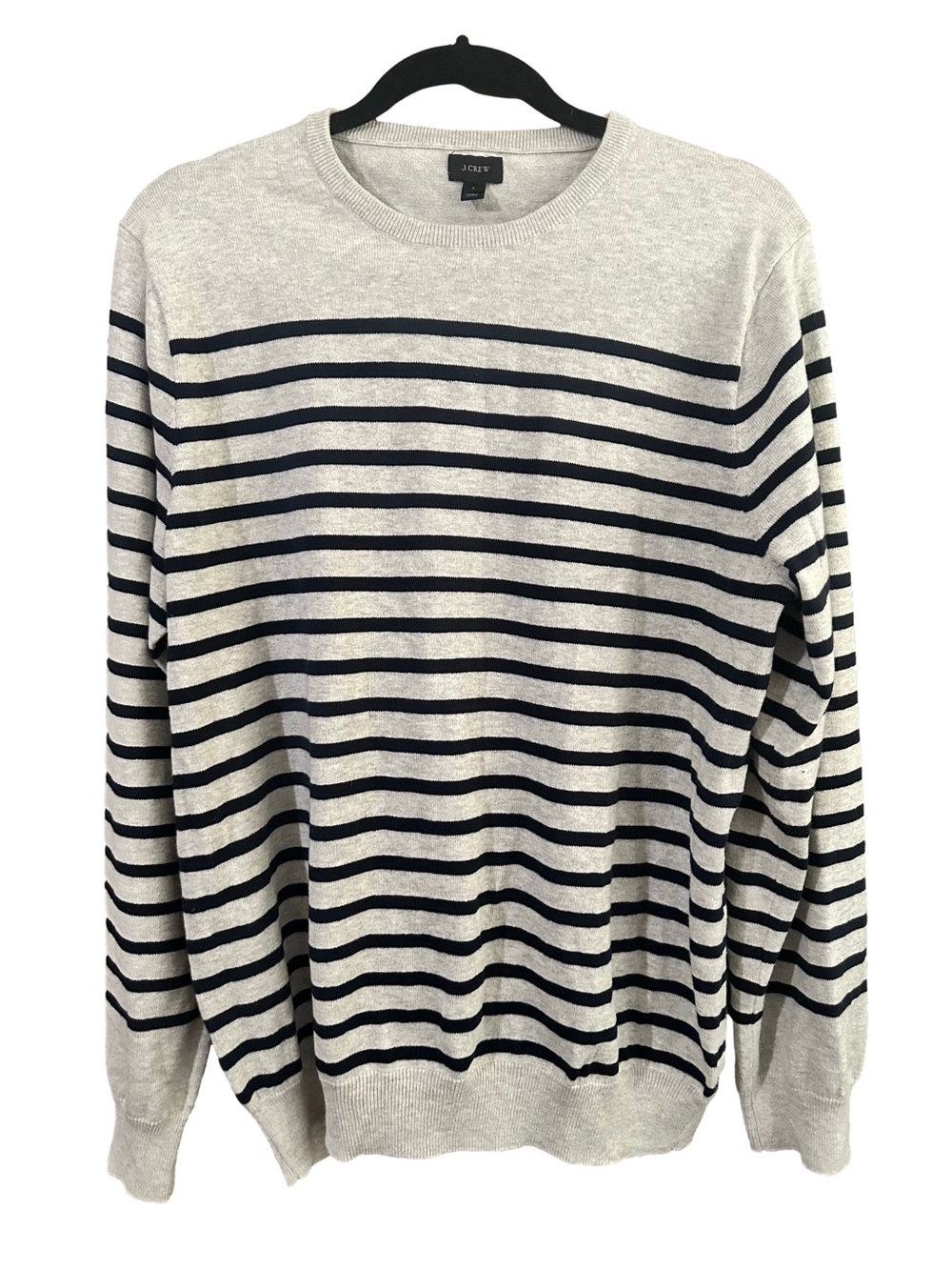 J. Crew Men’s Light Gray and Black Stripe Crewneck Cotton Cashmere Sweater Sz L